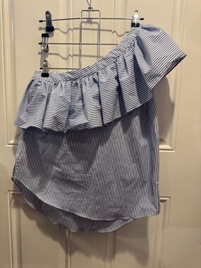 Veronica Beard Blue & White Striped Off-Shoulder Ruffle Top